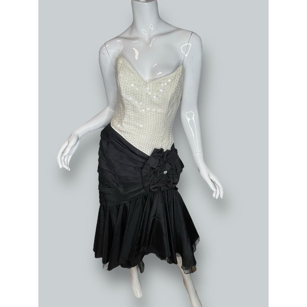 Vtg Tadashi Shoji Black & Off White Sequin 80s Dropped Waist Dress Gown Sz XS/S